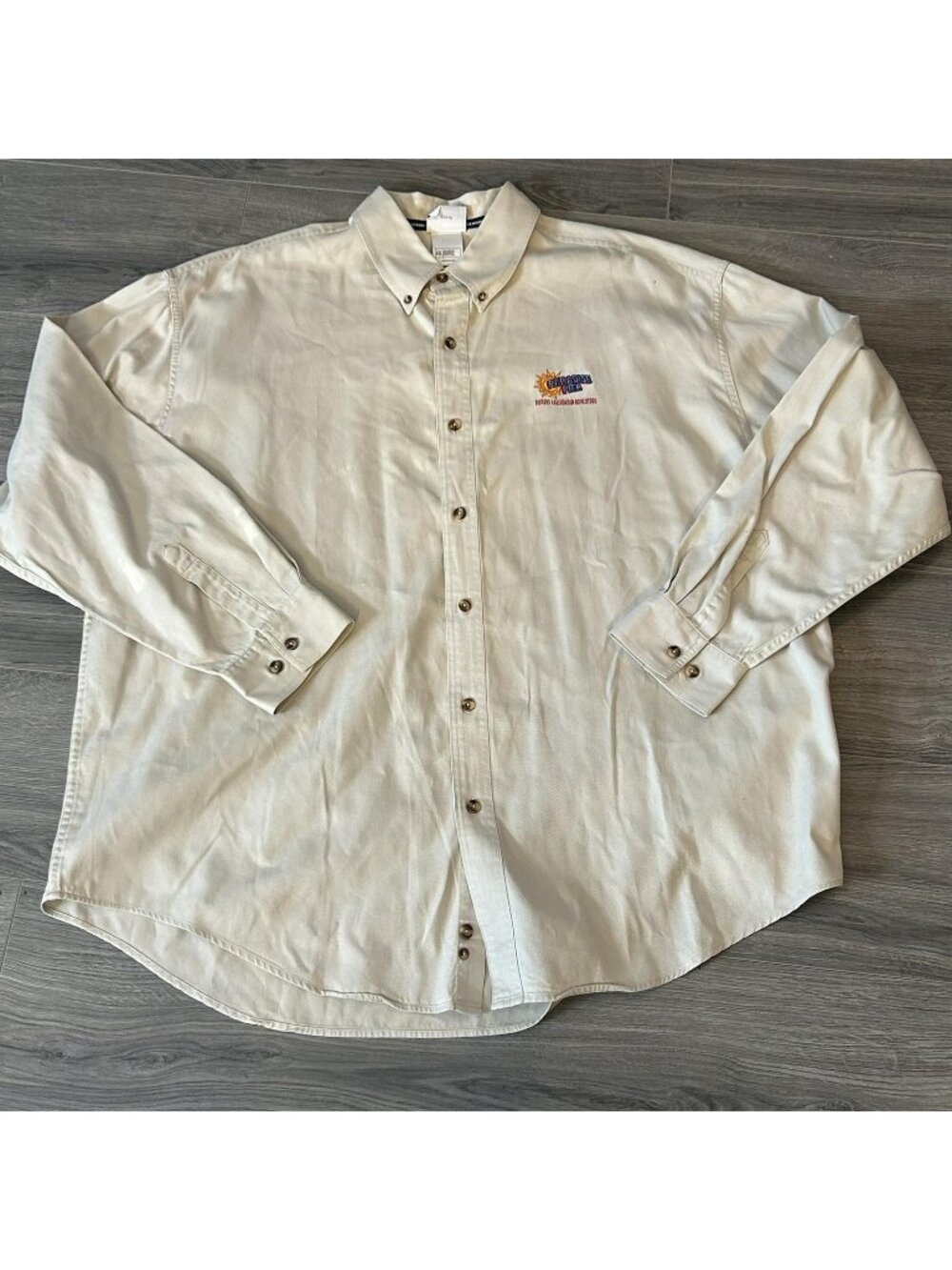 Disneyland Resort Paradise Pier Shirt Mens 2XL Beige Twill Button Up Embroidered